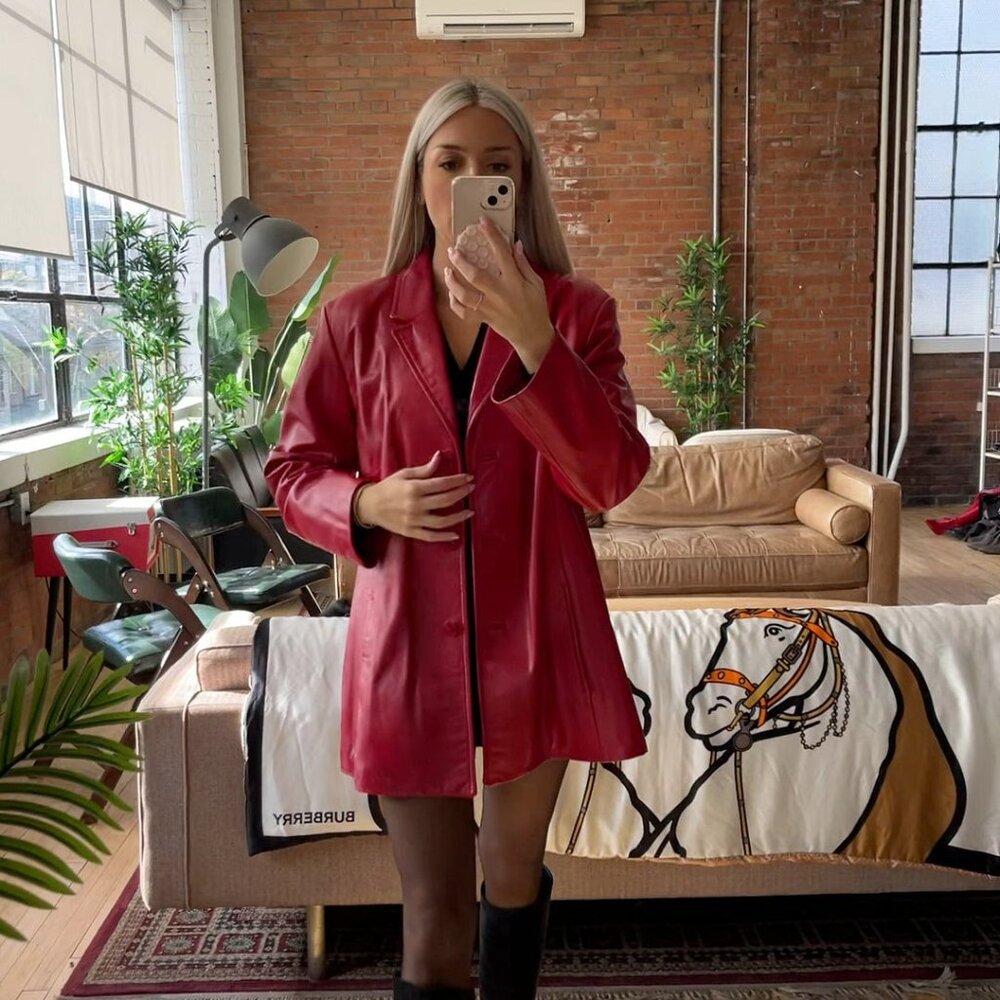 Danier Red Leather Blazer Jacket - Sz L - Amazing Vintage Condition